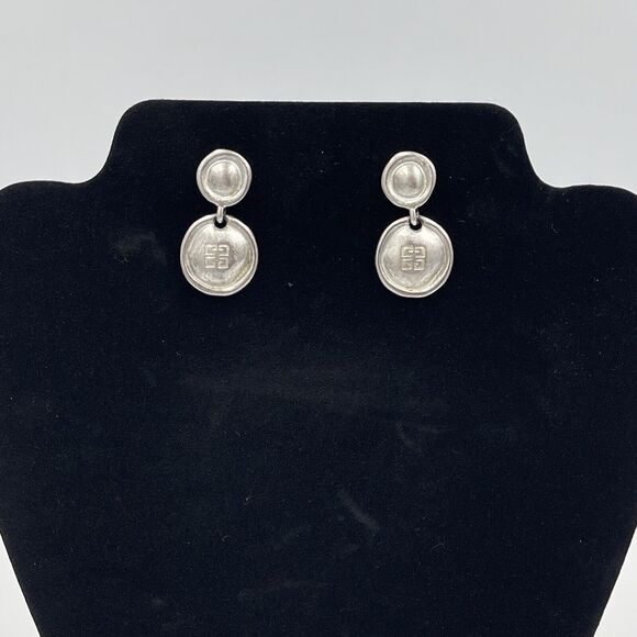 Givenchy Vintage 4G Logo Earrings Pierced Drop Medallion Brushed Silver Dangle - Picture 2 of 7
